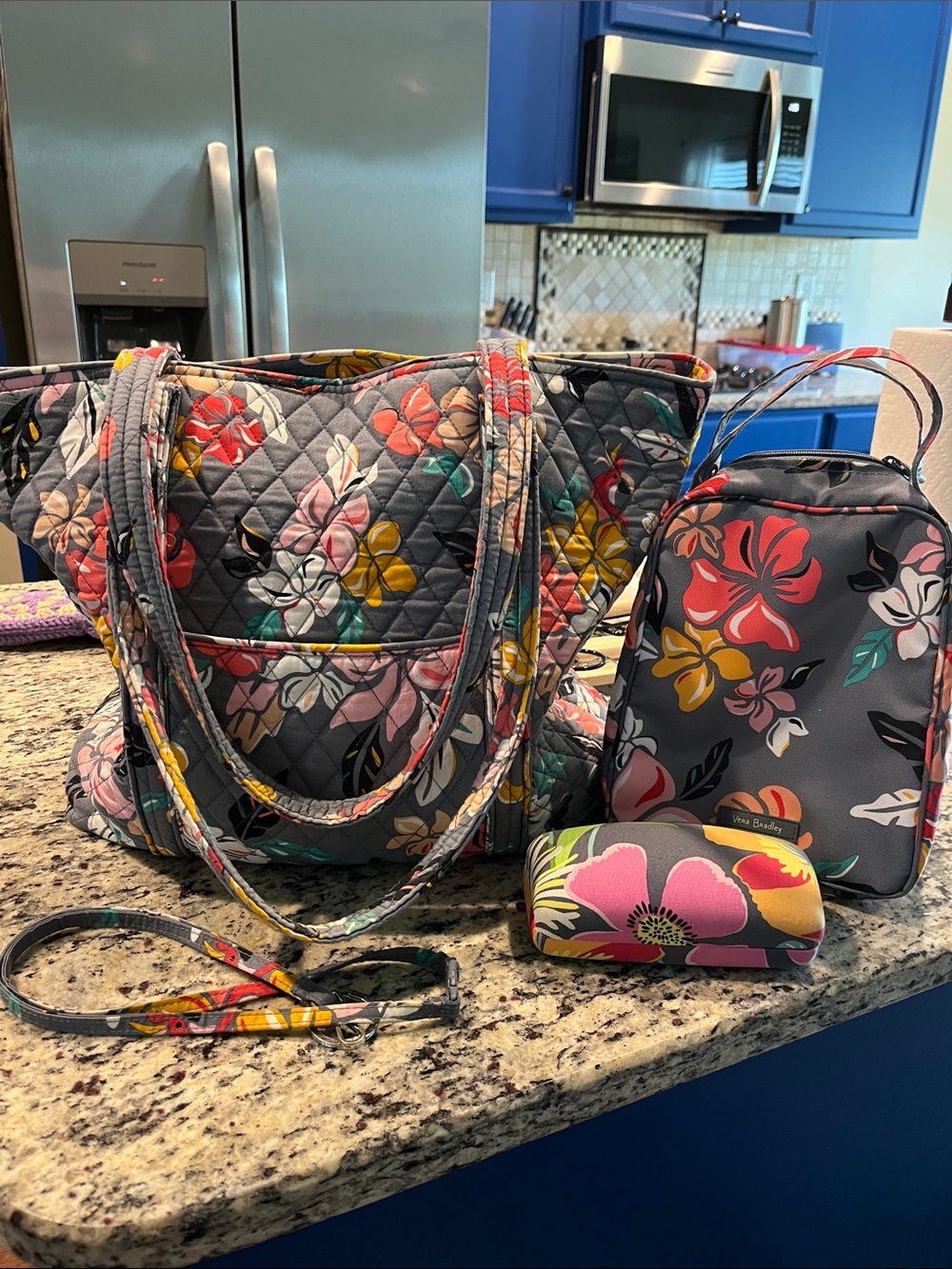 Vera Bradley Gray Quilted Floral Tote with Matching Floral Accessories